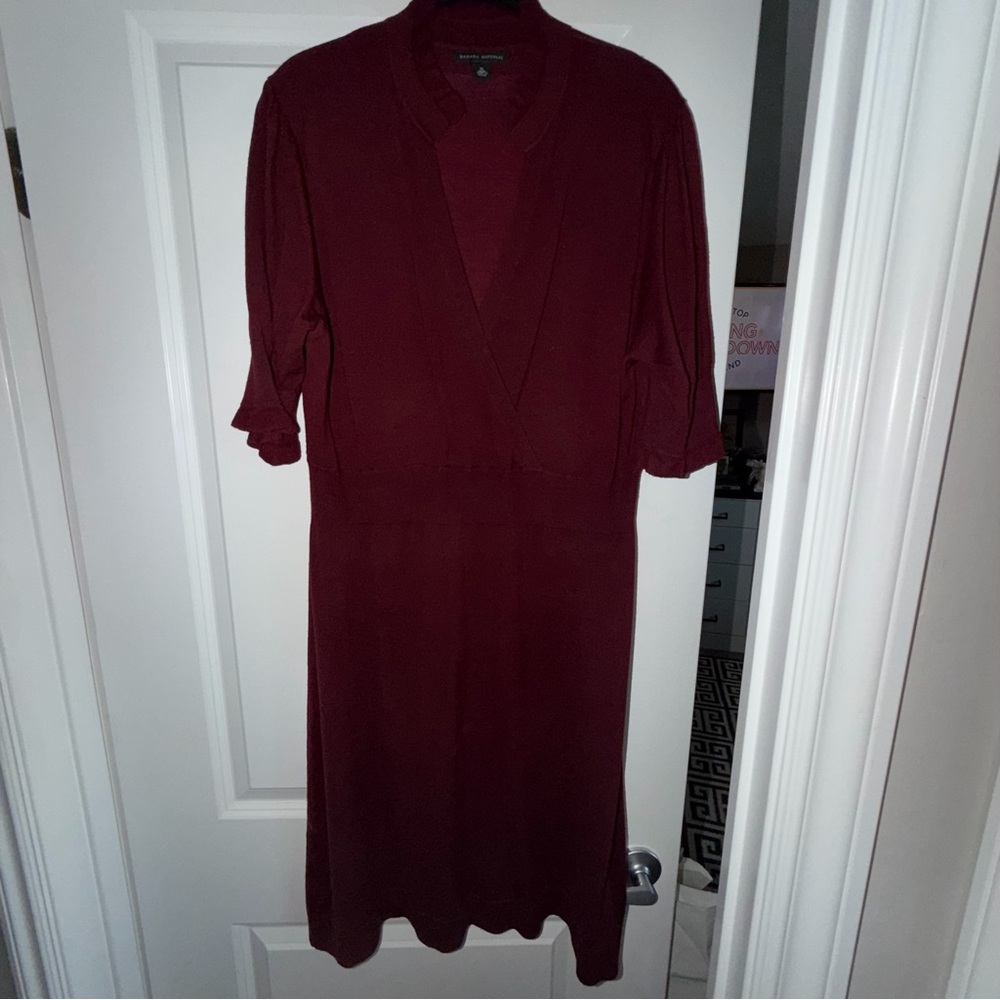 Banana Republic Burgundy Fine Merino Wool Ruffled V-Neck Smocked Dress - XL